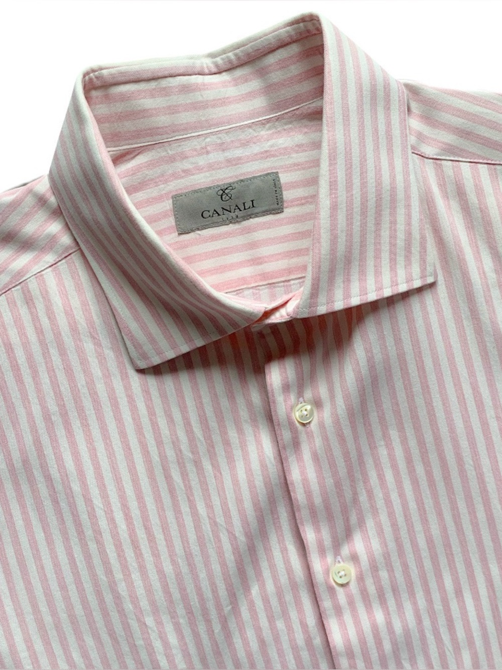 Canali Pink Striped Wool Blend Stretch Long Sleeve Dress Shirt Size 17.5